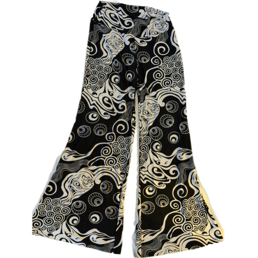 H&H Fashion Black White Swirl Print Wide Leg Pants Size Large - Picture 2 of 3